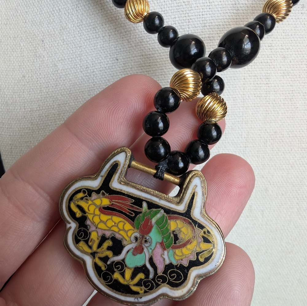 Vintage 925 Les Bernard Obsidian & Cloisonne Sterling Gold Necklace - Estate - Picture 8 of 14